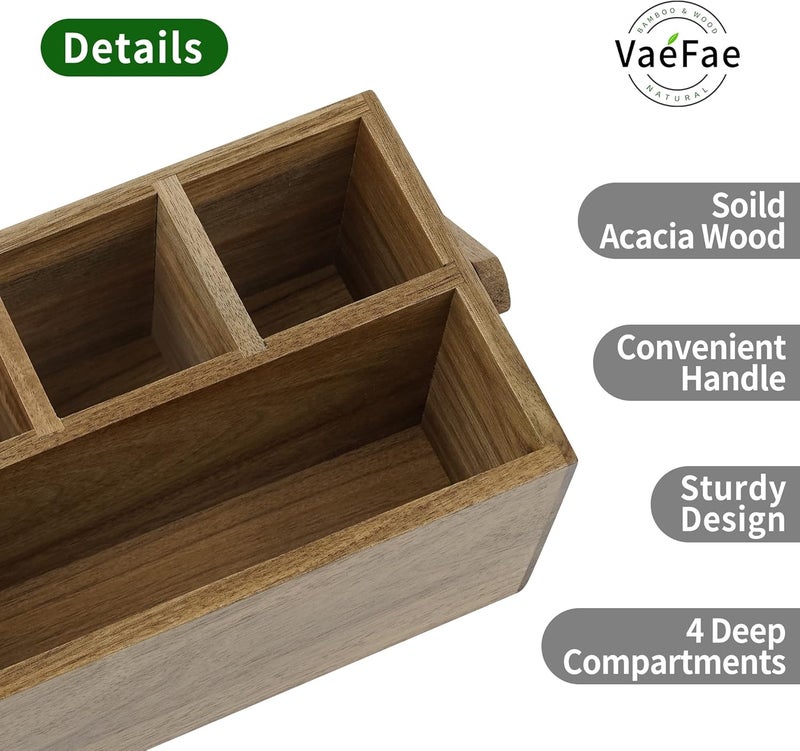 VaeFae Acacia Silverware Caddy with Handle, Wooden Utensil Holder, Mulip-pose Organizer for Kitchen, Office, Bathroom, Bedroom - Image 4